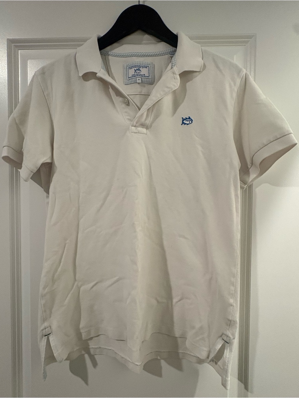 Southern Tide Cream Polo with Blue Fish Logo